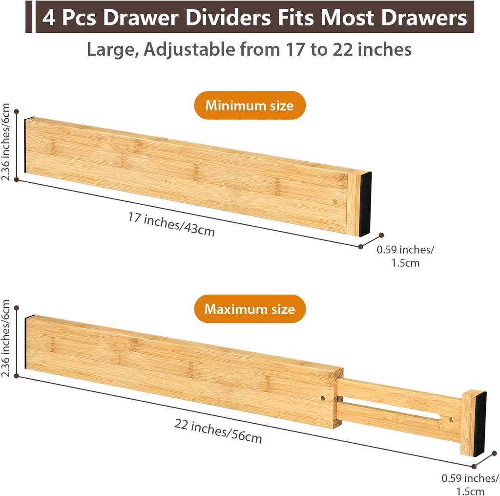 DUCOO 4 PCS Drawer Divider, 17"-22" Adjustable Bamboo Drawer Dividers Organizers, Expandable Separators for Kitchen, Clothes, Dressers, Home, Office