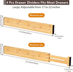 DUCOO 4 PCS Drawer Divider, 17"-22" Adjustable Bamboo Drawer Dividers Organizers, Expandable Separators for Kitchen, Clothes, Dressers, Home, Office