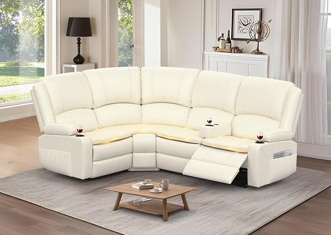 Manual Reclining Sectional Sofa Set, 4 Seats Soft Leather Recliner Corner Sectional Couch, Family-Sized L-Shaped Recliner Couch with USB Charging, Thickened Padding, Sturdy Frame, White