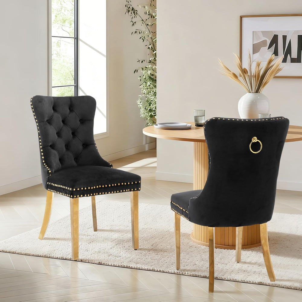 Velvet Dining Chair Set of 2,Upholstered Tufted Dining Room Chair with Nailhe...