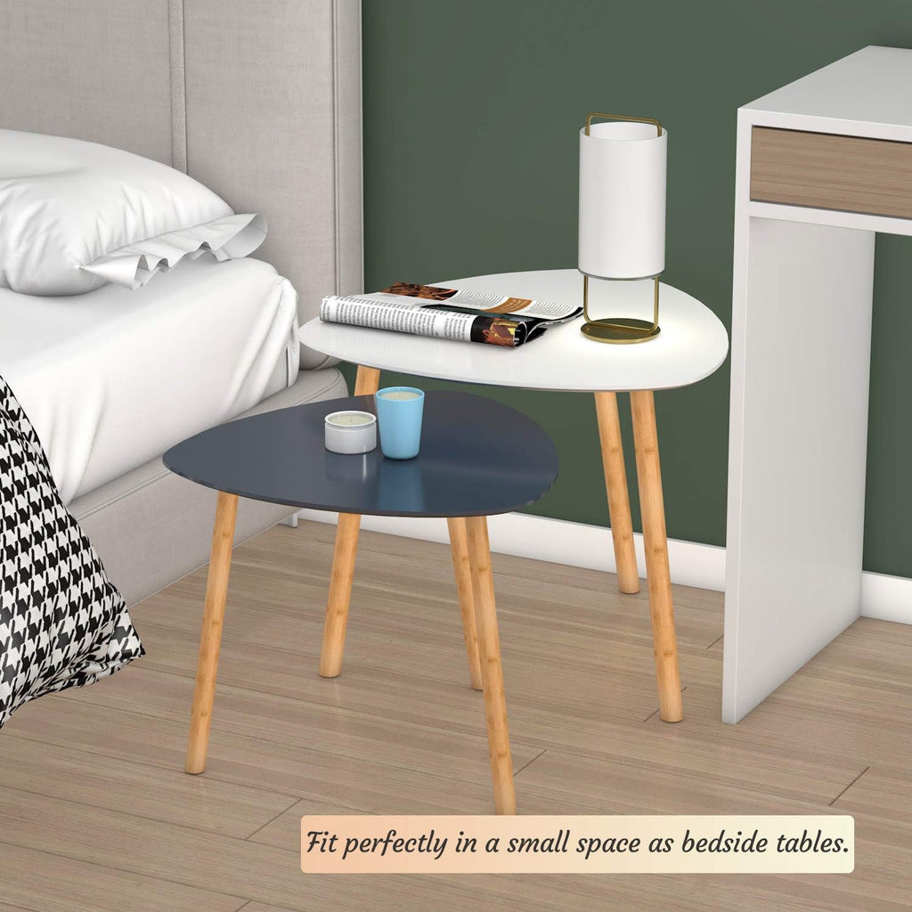 Bamboo Nesting Coffee Tables - Small Coffee Table for Living Room, Set of 2 Triangle End Table Modern Side Table for Bedroom Apartment Balcony Yard Small Spaces, (White & Gray)
