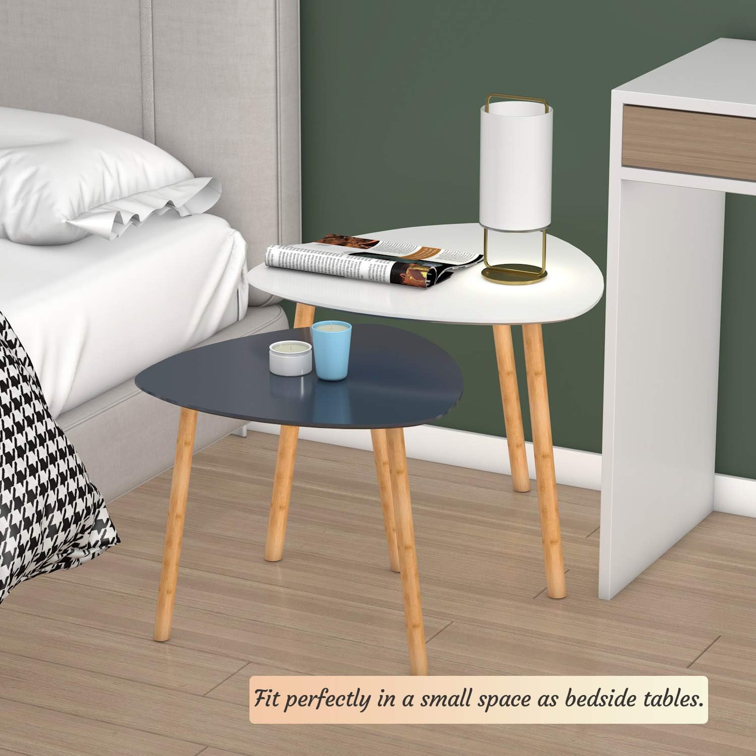 Bamboo Nesting Coffee Tables - Small Coffee Table for Living Room, Set of 2 Triangle End Table Modern Side Table for Bedroom Apartment Balcony Yard Small Spaces, (White & Gray)