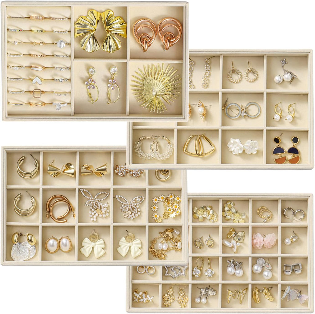 Jewelry Drawer Organizer, 4 Set of Stackable Jewelry Trays for Drawer Inserts Velvet Organizers and Display Storage for Earring Necklace Rings Bracelets (Beige)