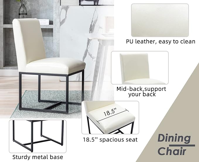CIMOTA Modern Dining Chairs Set of 6, Leather Dining Room Chairs Upholstered Armless Guest Side Chair with Black Base for Dining Room/Kitchen, Cream 6PCS