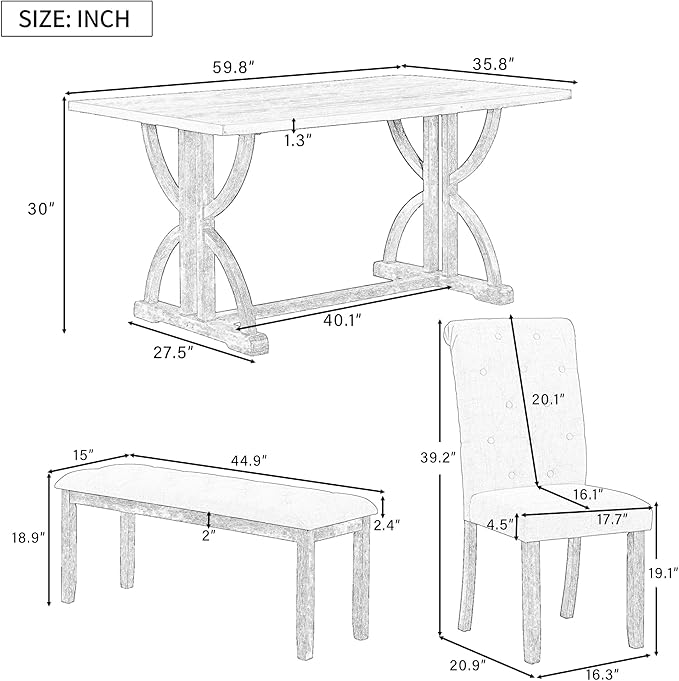 HomSof 6-Piece Retro Rectangular Dining Table Set, Table with Unique Legs and 4 Upholstered Chairs & 1 Bench for Dining Room and Kitchen, Gray Wash