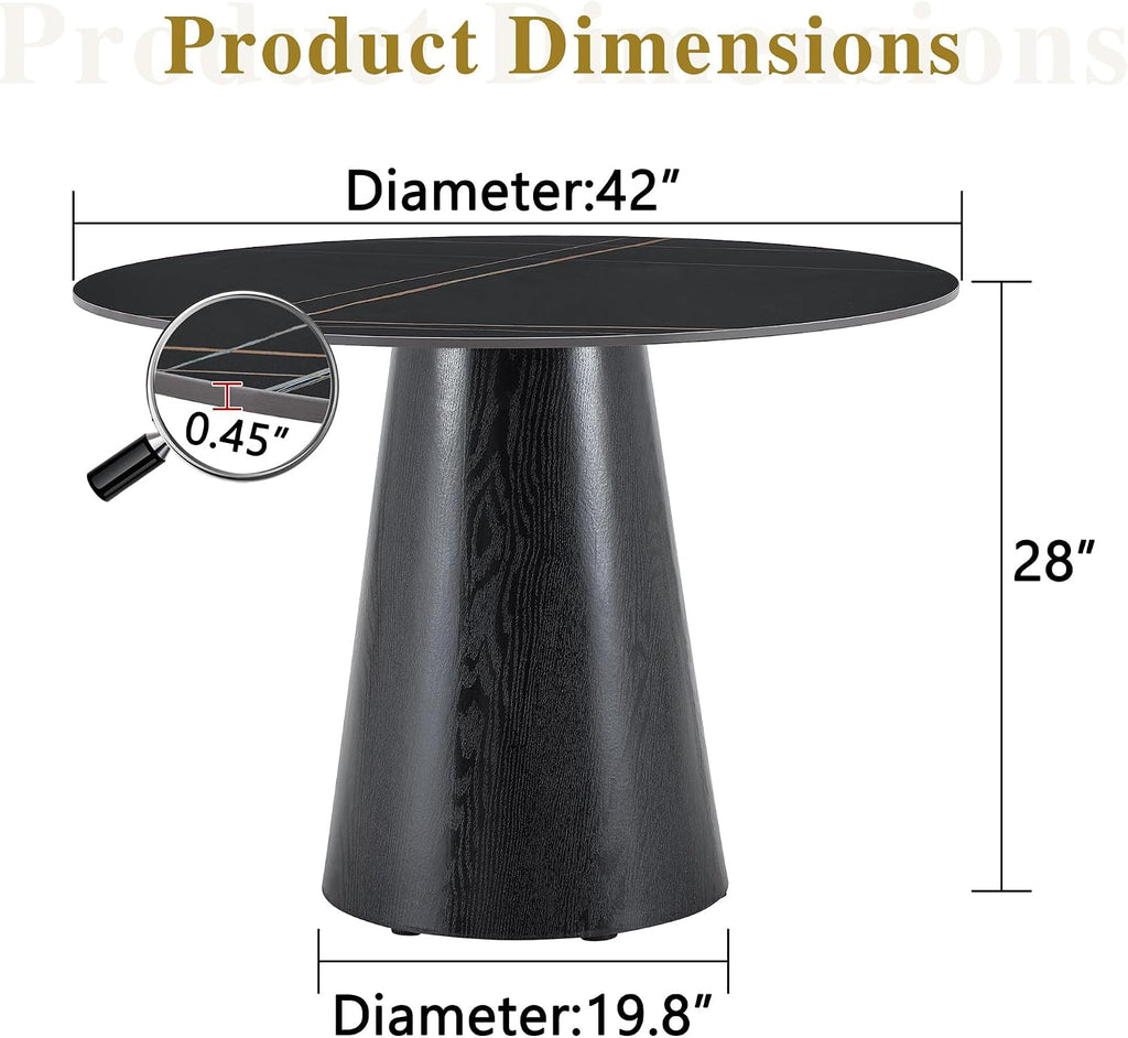 Faux Marble Round Dining Table for 4-6, 42" Modern Round Kitchen Table with Sintered Stone Top and Wood Stable Pedestal for Apartment,Restaurant,Small Space (Black