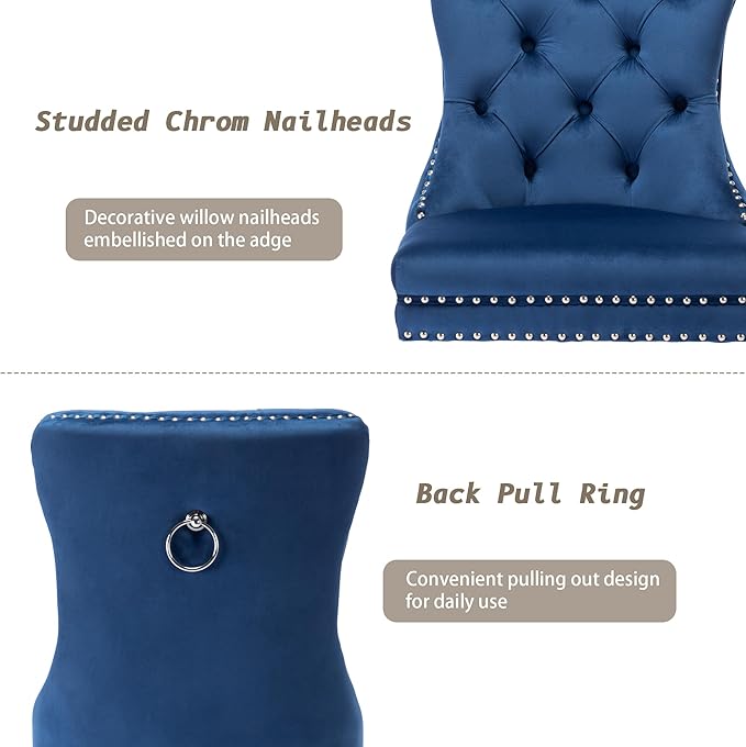 KCC Velvet Dining Chairs Set of 2, Upholstered High-end Tufted Dining Room Chair with Nailhead Back Ring Pull Trim Solid Wood Legs, Nikki Collection Modern Style for Kitchen, Blue