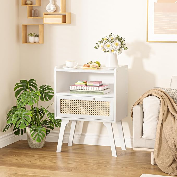 Lerliuo Rattan Nightstands Set of 2, Bedside Table with Drawer Open Shelf, Ca...