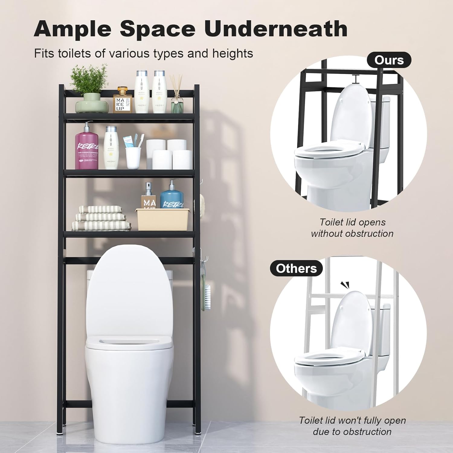 VASMIA Over The Toilet Storage,Bamboo 3-Tier Bathroom Organizer Over Toilet Storage Cabinet,Freestanding Space Saver with 3 Hooks Black