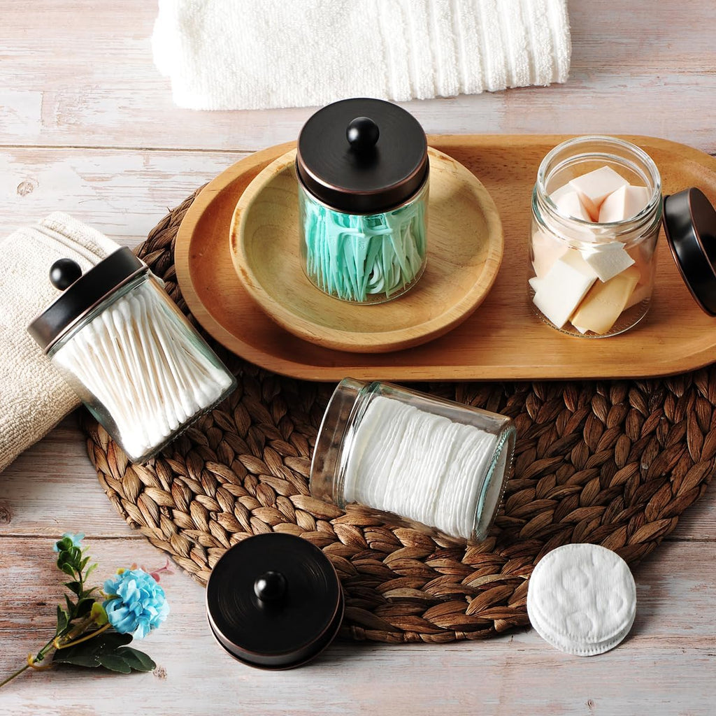 Amolliar 6 Pack Apothecary Jars Bathroom Vanity Organizer- Rustic Farmhouse Decor Storage Canister with Stainless Steel Lids- Qtip Dispenser Holder for Q-Tips,Cotton Swabs,Rounds,Ball,Flossers