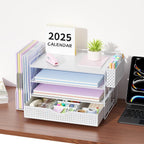 gianotter Wood Desk Organizers and Accessories with File Holder, 4-Tier Desk Accessories & Workspace Organizers with Drawer and Pen Holder, Paper Organizer for Office Supplies (White)