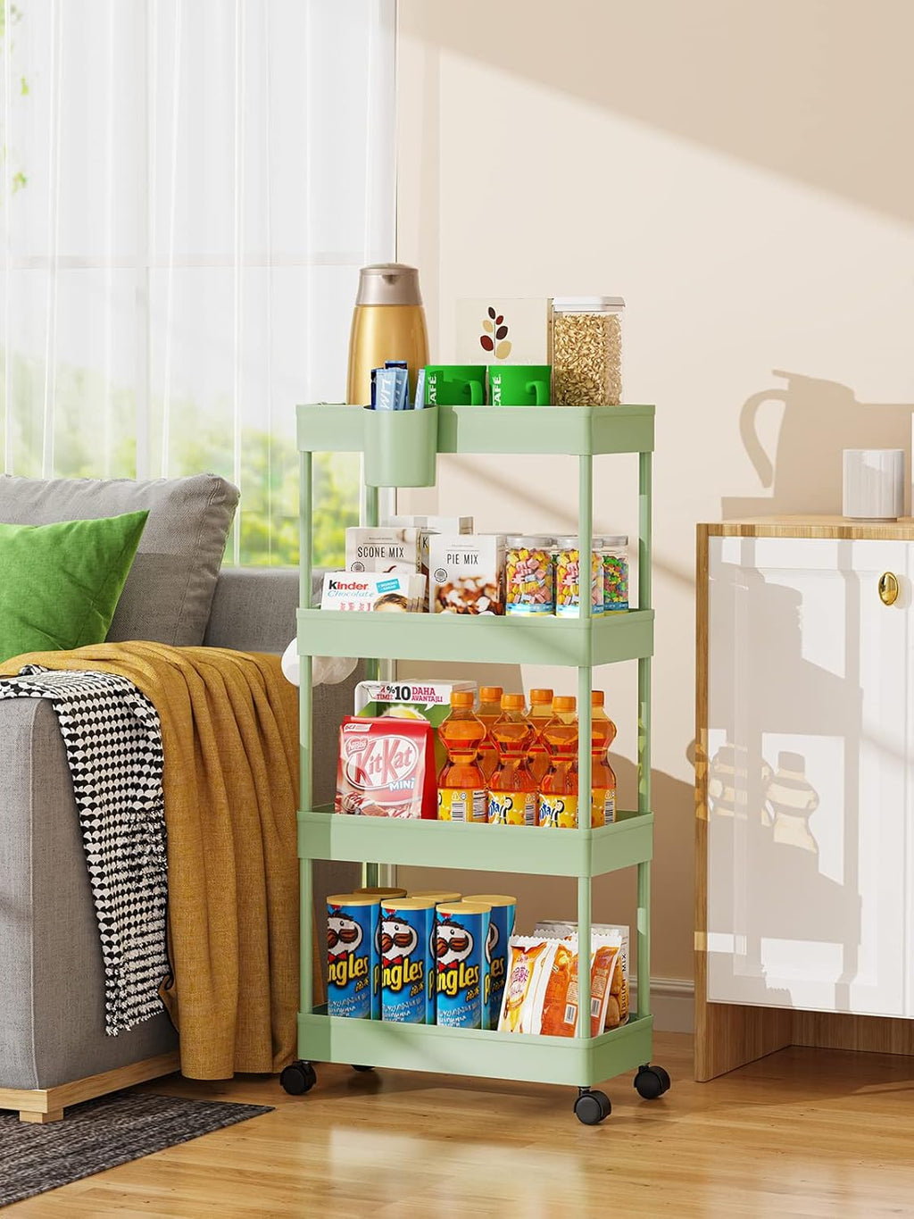LEHOM Slim Rolling Storage Cart - 4 Tiers Bathroom Organizer Utility Cart Slide Out Storage Shelves Mobile Shelving Unit for Kitchen, Bedroom, Office, Laundry Room, Small Narrow Spaces, Green