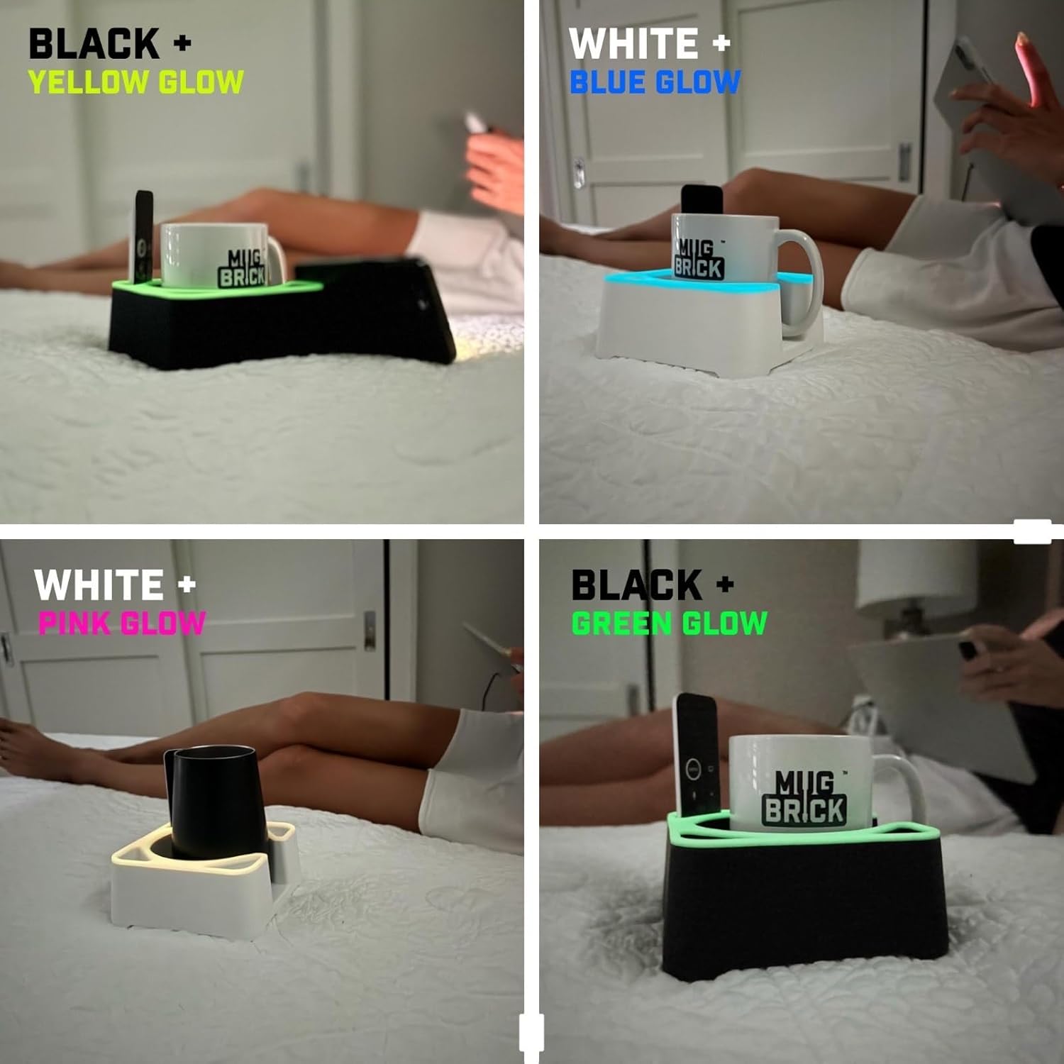 MugBrick Drink Holder for Couch, Bed, Car, Boat - Non-Spill Table and Desk Cup Holder, Tip Proof Spill Prevention Organizer, Black + Green Glow