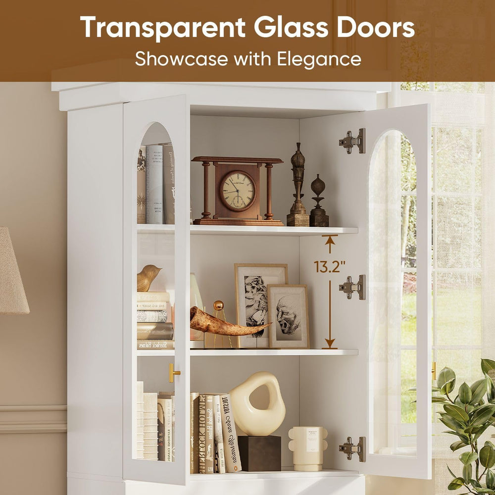 Vyre 71" Arched Kitchen Cabinet with Glass Doors, Tall Display and Stora...