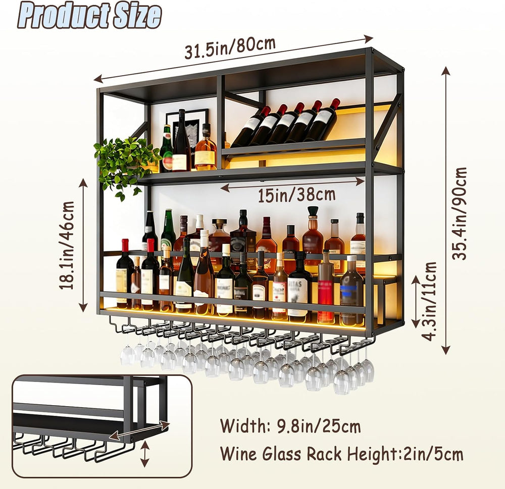 31.5in Wall Mounted Wine Rack with LED Lights, Stepped 3-Tier Bar Shelf | Liq...
