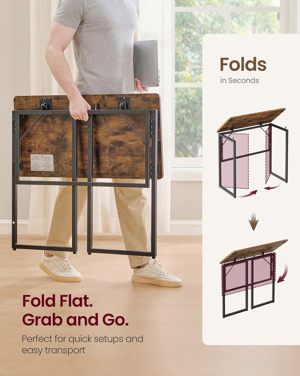 VASAGLE Folding Desk, Small Computer Desk, Foldable Table 31.5 Inch | One-Pie...