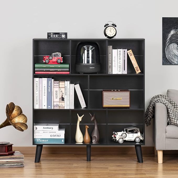 YAHARBO 8 Cube Bookshelf,3 Tier Bookcase with Legs,Black Mid-Century Modern B...