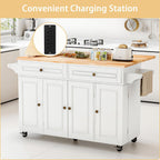 JassmiPkwy 59’’ Rolling Kitchen Island Cart with Drop Leaf and Power Outlet, Movable Kitchen Islands with 3-Tier Door Storage Shelf, Island Table on Wheels, 2 Large Drawers, Towel Racks, White