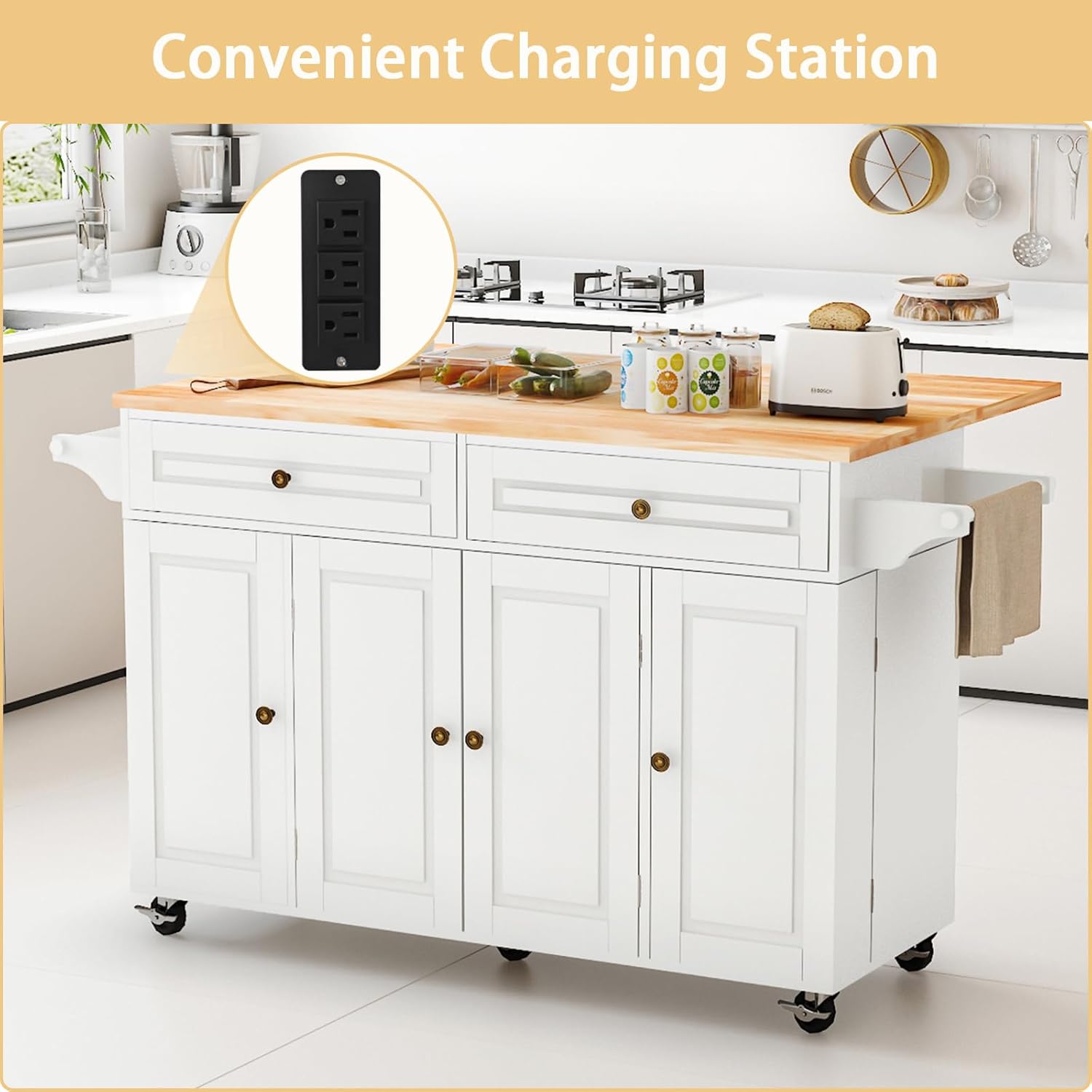 JassmiPkwy 59’’ Rolling Kitchen Island Cart with Drop Leaf and Power Outlet, Movable Kitchen Islands with 3-Tier Door Storage Shelf, Island Table on Wheels, 2 Large Drawers, Towel Racks, White