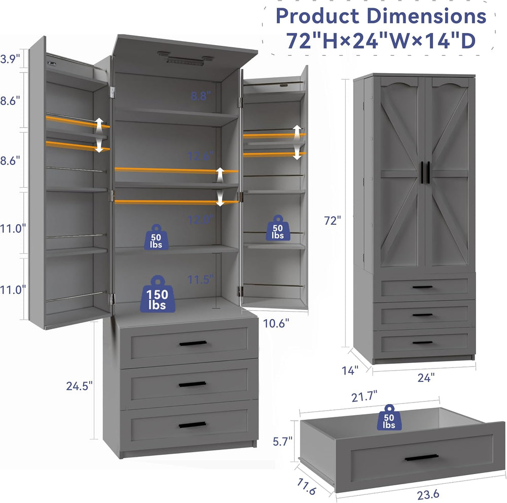 FJTJBSI 72" LED Kitchen Pantry Cabinet with 3 Drawers Farmhouse Tall Sto...