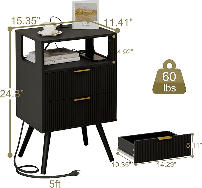 Black Nightstand with Charging Station and LED Lights,Modern Bedside Table wi...