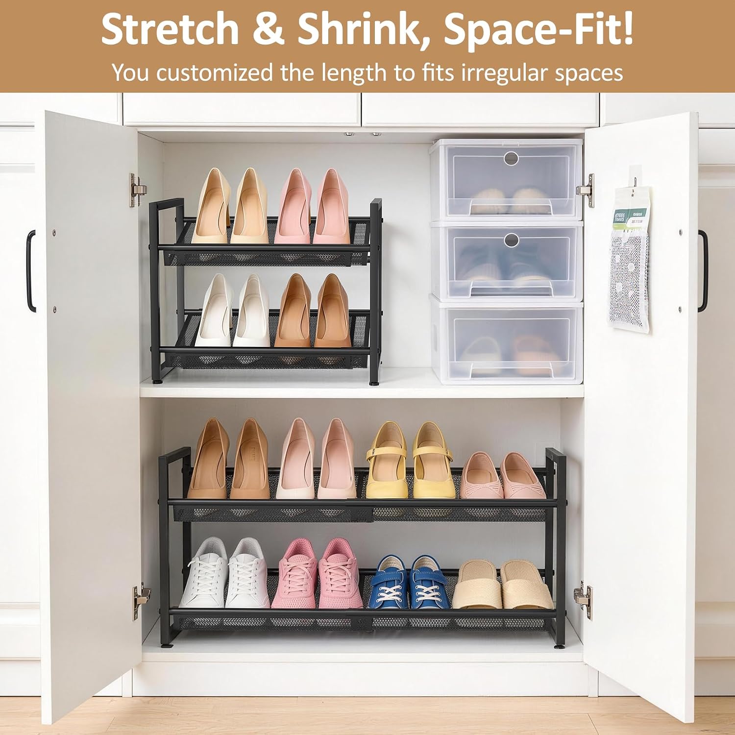 Expandable Shoe Rack, 2 Tier Adjustable Shoe Organizer with Flat & Slant Dual Use Design, Space Saving Shoes Stand for Closet & Entryway, Sturdy Dense Metal Grid Shoe Holder for High Heels, Sneakers