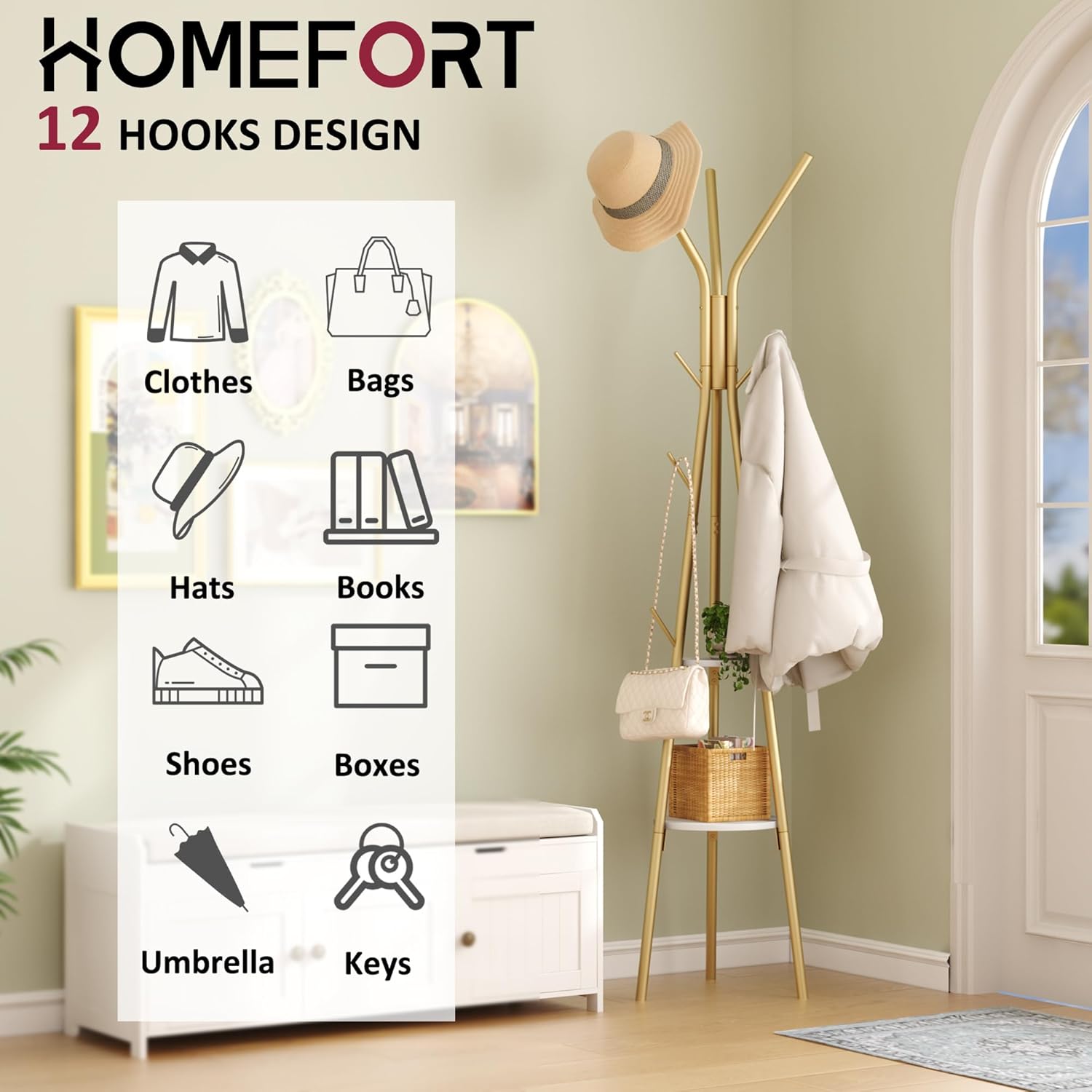 HOMEFORT Coat Rack, Coat Hanger Stand with 2 Shelves, Freestanding Hall Tree, Metal Hat Hanger with 12 Hooks for Clothes Hats and Scarves (Gold)