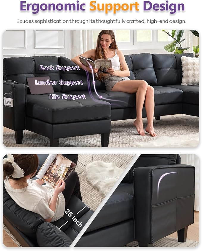 TYBOATLE 116’’ W Black Faux Leather Sectional Couch w/USB and Cup Holders for Living Room, Comfy Tufted U Shaped Sofa w/Chaise Lounge, Office Leather Sofa for Bedroom