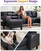 TYBOATLE 116’’ W Black Faux Leather Sectional Couch w/USB and Cup Holders for Living Room, Comfy Tufted U Shaped Sofa w/Chaise Lounge, Office Leather Sofa for Bedroom