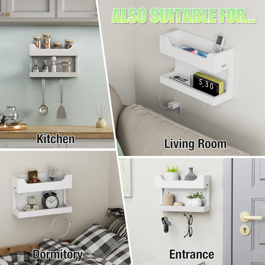NiHome Wall Mounted Wooden Bedside Accessories Organizer, Double Tray Bedside Storage Shelf Rack with Magnetic Hooks, Bedroom Dorm RV Wall Caddy Holder for Phone Glasses Alarm Clock Remote (White)