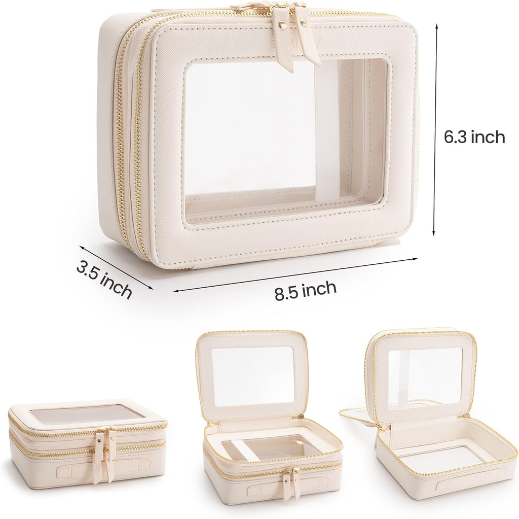 Aveniee Large Clear Makeup Bags, Double Layer Cosmetic Bags with Separate Brush Compartment, Travel Toiletry Bag Cosmetic Train Case, Travel Accessories Organizer for Women(2 Layers, White)