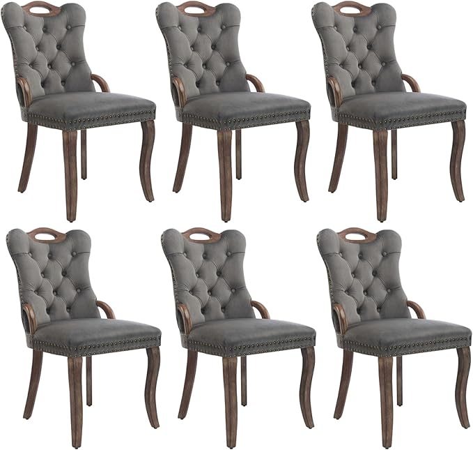 Grey Velvet Dining Chairs Set of 6，Modern Upholstered Dining Room Chairs with Tufted Back and Wood Accents, Curved Solid Wood Legs & Nailhead Trim, Sillas De Comedor Modernas 6