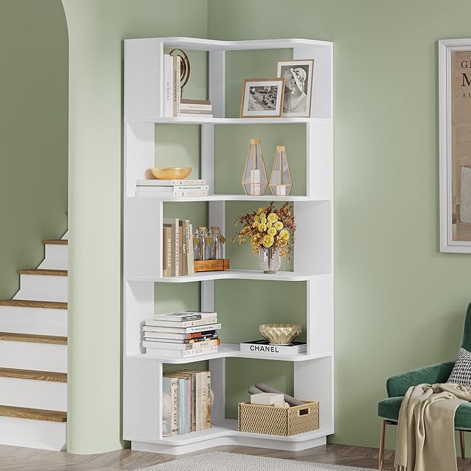 LITTLE TREE Corner Bookshelf, 64.9 Inch Tall Bookcase with Anti-Drop Panel, M...