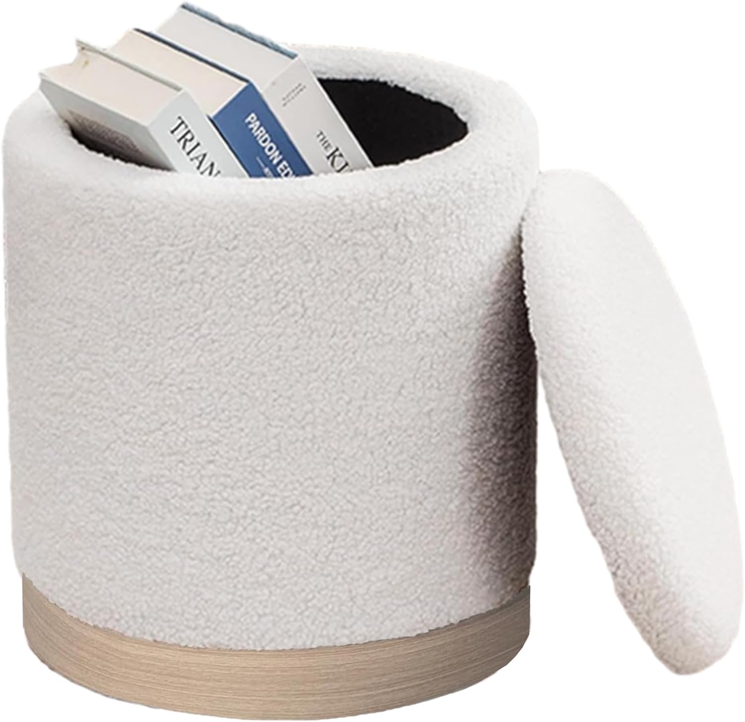 Round Storage Ottoman for Living Room, Small Velvet Vanity Stool with Light-Wood Base, White