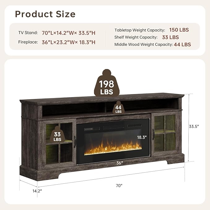 70" Farmhouse TV Stand with 36" Fireplace for TVs up to 80", Media Entertainment Center with Adjustable Shelves and Large Storage Cabinets, for Living Room, Gray & Black