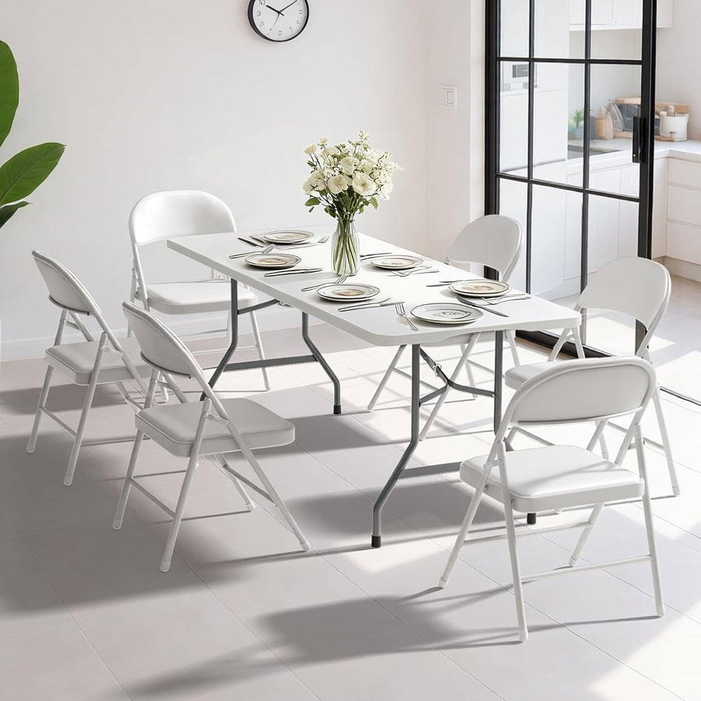 6FT White Plastic Folding Table Set with 6 White PU Padded Chairs | Portable ...