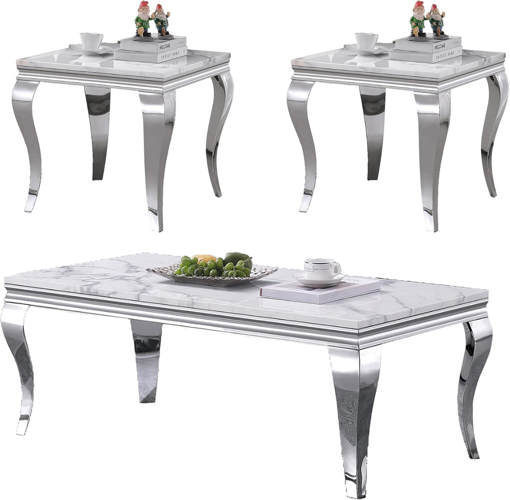 3 Piece Living Room Table Set, White Marble Coffee Table Set of 3, Modern Cof...