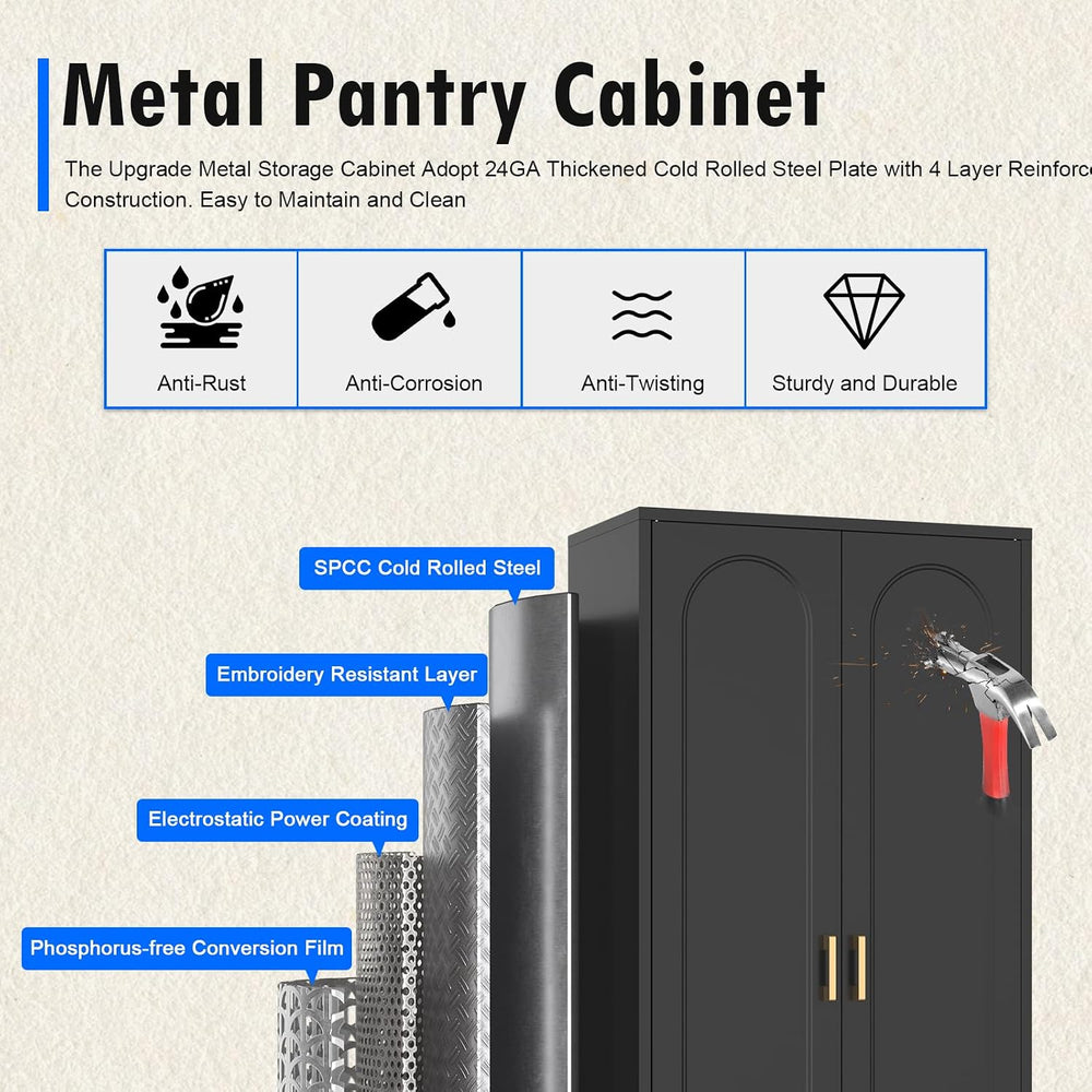 Polup 60" Black Metal Kitchen Pantry Storage Cabinet with Doors and Shel...