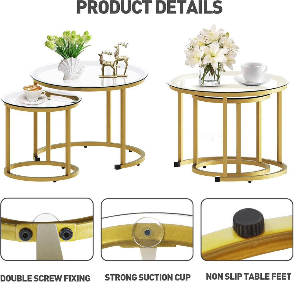 aboxoo Gold Nesting Coffee Table Set of 2, Small Glass Round Nesting Tables f...