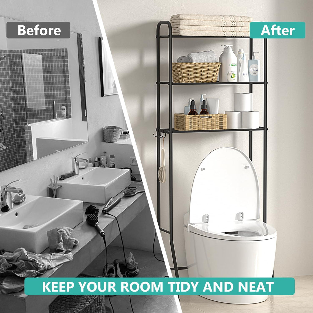 ASHLEYRIVER Over The Toilet Storage Rack, 3-Tier Storage Rack Toilet Adjustable Shelf Rack with Hooks & Roll Holder,Steel Black