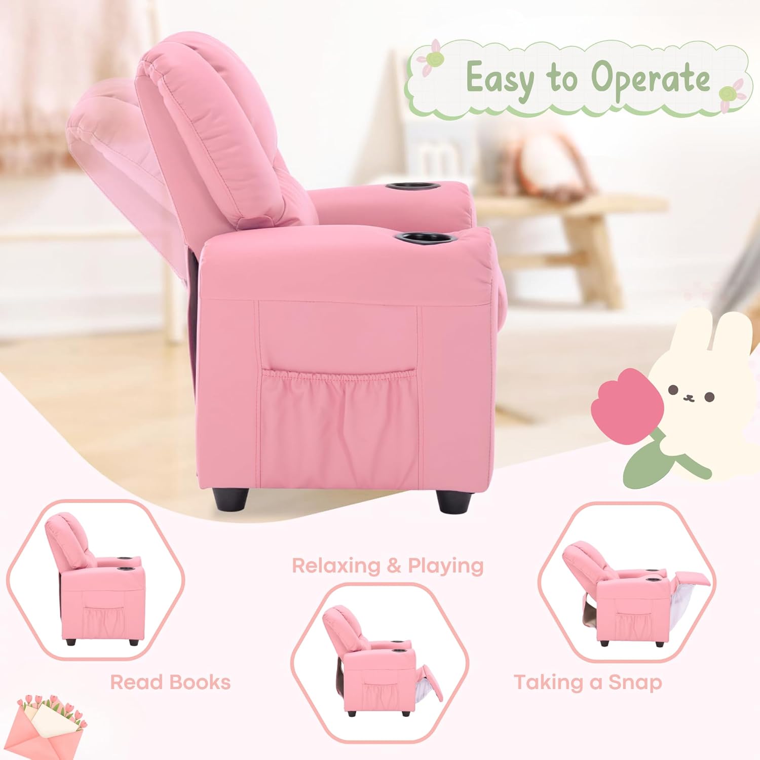 Candy Kids Reclining Chair Leather Recliner Sofa Push Back Toddler Youth Children Child Ages 1-6