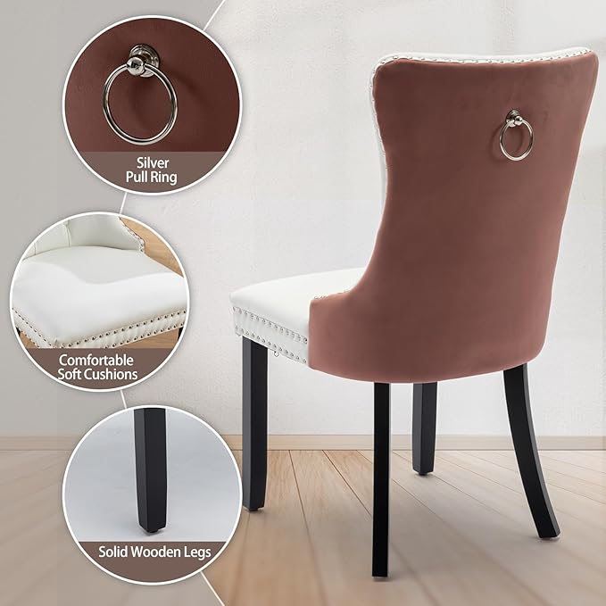 Velvet Dining Chairs Set of 4, High-end Tufted Upholstered Dining Chair with Ring Pull and Solid Wood Legs, Modern Dining Room Chairs for Dining Room, White PU & Pink Velvet