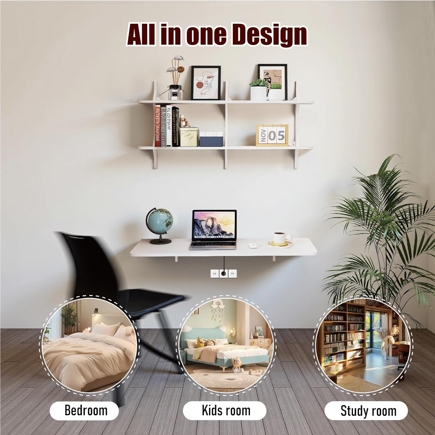 Pmnianhua Wall Mounted Folding Table, 47'' Floating Laptop Desk with Shelves, Foldable Drop Leaf Table, Wall Mount Fold Down Table for Laundry Room Kitchen Bar Home Office Small Space(White)