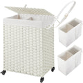 Greenstell Laundry Hamper with Wheels, No Install Needed, 90L Divided Handwoven Hampers & 2 Removable Liner Bags, Rattan Clothes Laundry Basket with Lid & Handles, Foldable Hampers White