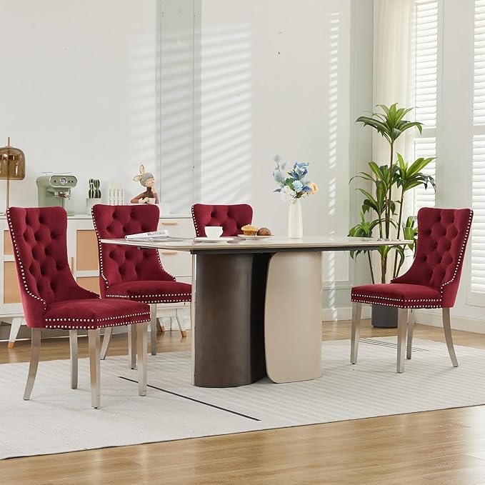 Luxury Upholstered Dining Chairs Set of 8, Red Kitchen Chair with Silver Metal Legs, Velvet Tufted Back Dining Chair, Sillas de Comedor, Modern Kitchen & Dining Room Chairs (Burgundy, 8 Pcs)