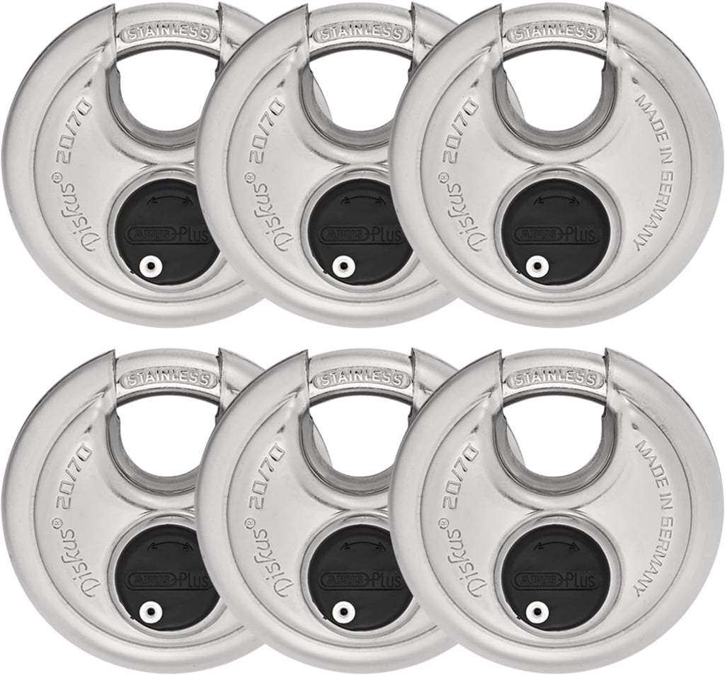 ABUS 20/70 6 Pack Heavy Duty Diskus Storage Padlock with 2 Keys for Storage, Outdoor, Commercial, 2.75in (70mm) Wide, Keyed Alike 161262