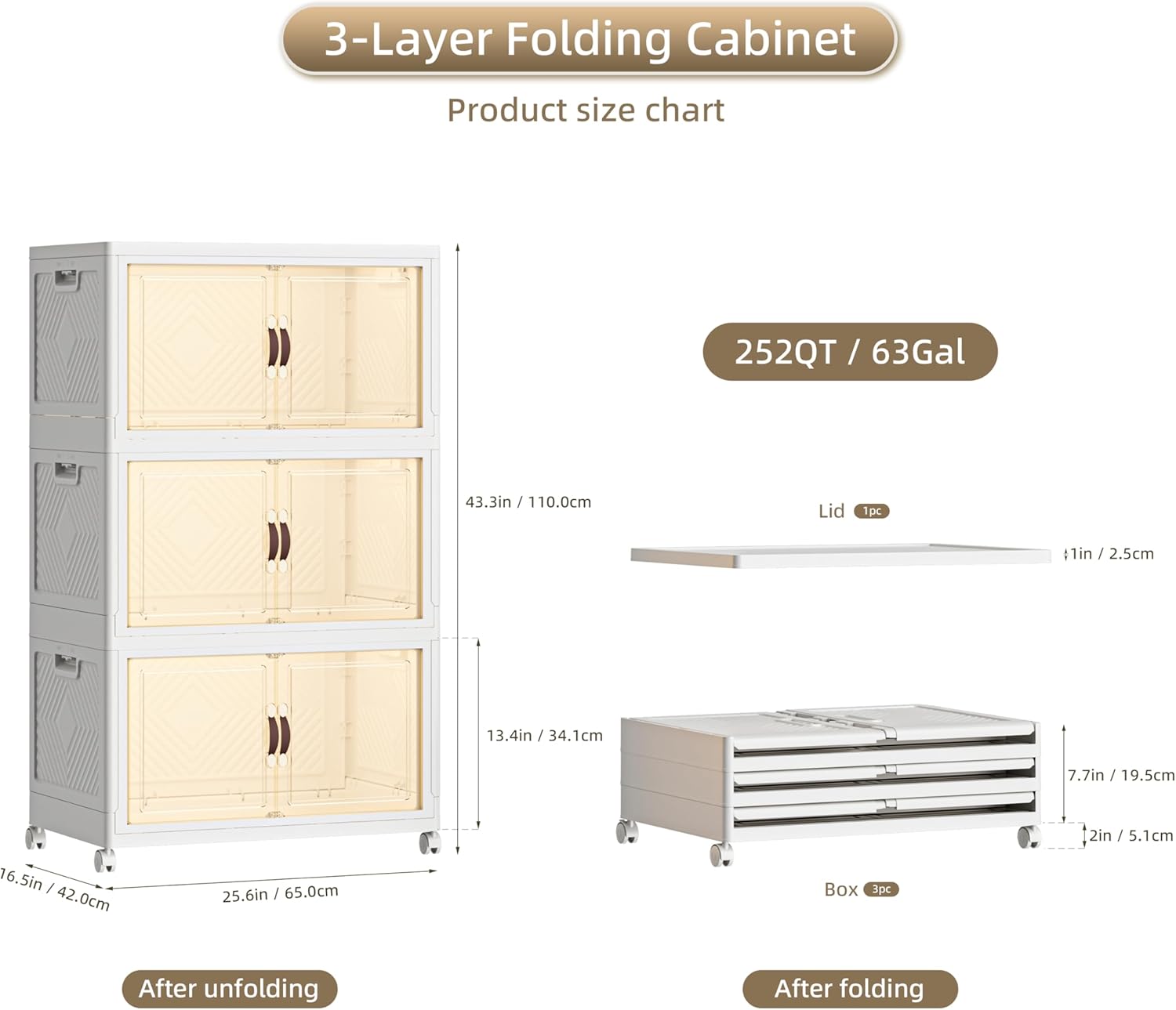 252 QT / 63 Gal Heavy Duty Double Door Storage Cabinet - Magnetic Closure, Foldable Stackable Design with Wheels & Leather Handles, Plastic Organizer for Garage/Bedroom