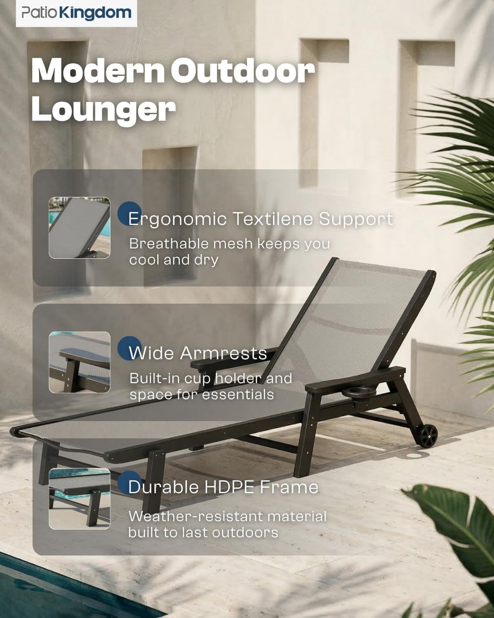 HDPE 5 Positions Chaise Lounge Outdoor Set of 2 with Wheels, Grey Textilene F...