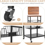Hastatii Kitchen Storage Cart, Kitchen Basket, 5-Tier Utility Organizer with Baskets and Wood Top, Rolling Snack Cart with Wheels, Metal Black