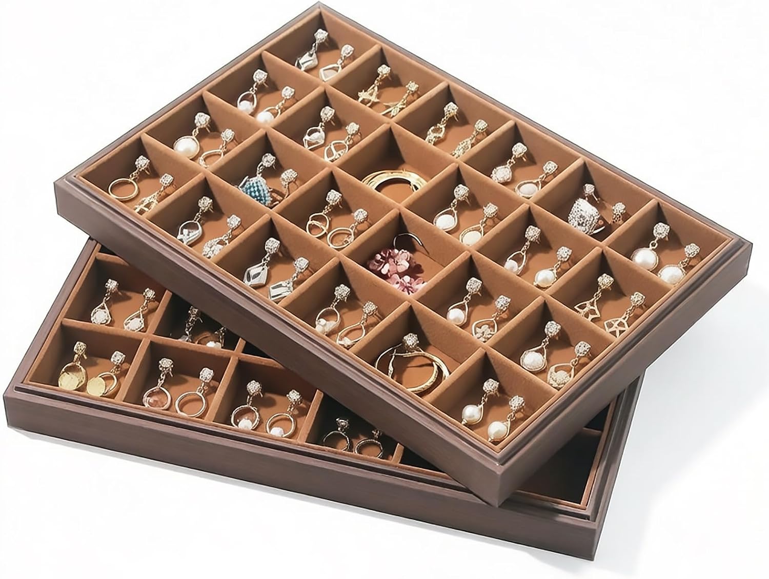 Wood Jewelry Organizer Tray, Earrings Holder (Brown, 2Pc, 24 Grids) | Stackable Earrings Organizer, Earrings Display Tray, 24 Grids Ring Holder, Space-Saving Storage